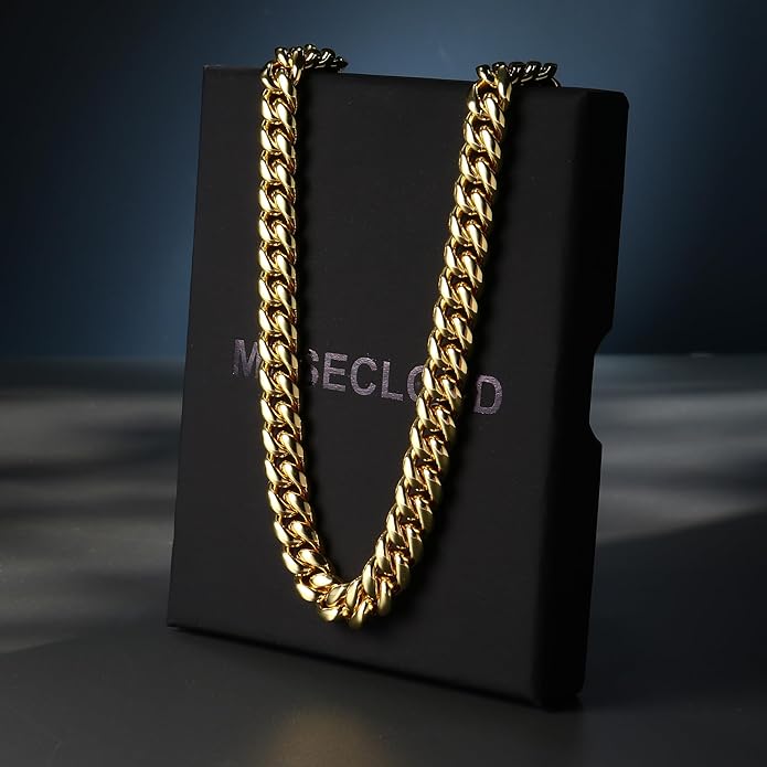 MUSECLOUD Gold Cuban Link Chain for Men Mens Stainless Steel Miami Curb Chains Necklace 5/8mm Thick Real Gold/Silver/Black Plated Diamond Cut Non-Tarnish Jewelry Trendy Christmas Gifts 18-26 Inch