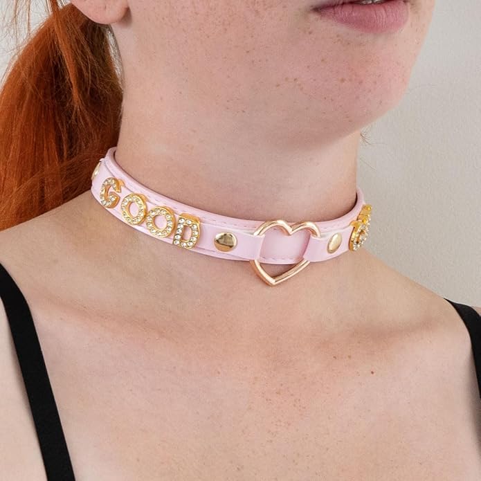 Handmade Gold Heart O-Ring Letter Choker Necklace for Women, Adjustable PU Leather Black/Pink Choker Collar For Women, Goth Choker Collars Necklace