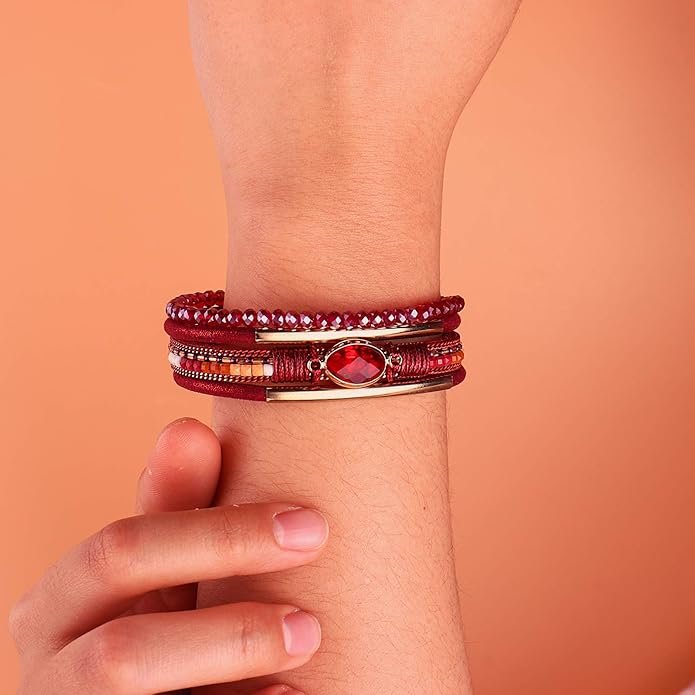 FANCY SHINY Leather Wrap Bracelets Crystal Beads Bracelet Boho Cuff Stone Charm Bracelets with Clasp Costume Jewelry for Women