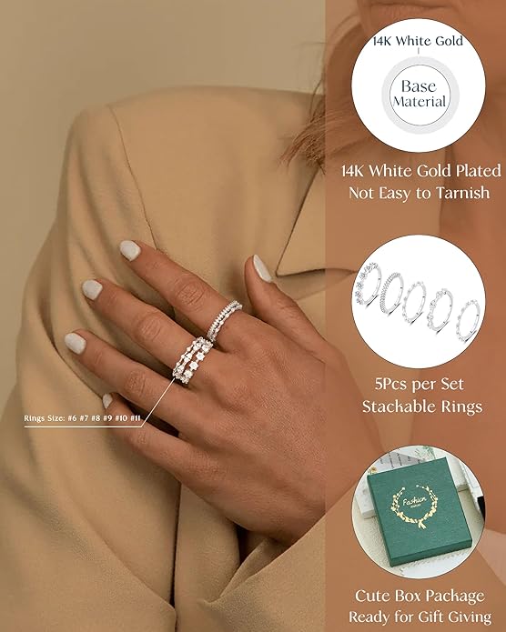 FUNEIA Stackable Silver Gold Rings for Women Non Tarnish 14K Gold Plated Thumb Cubic Zirconia Rings for Women Dainty Pinky Promise Wedding Ring Set Women's Engagement Eternity Band Rings Gold Jewelry