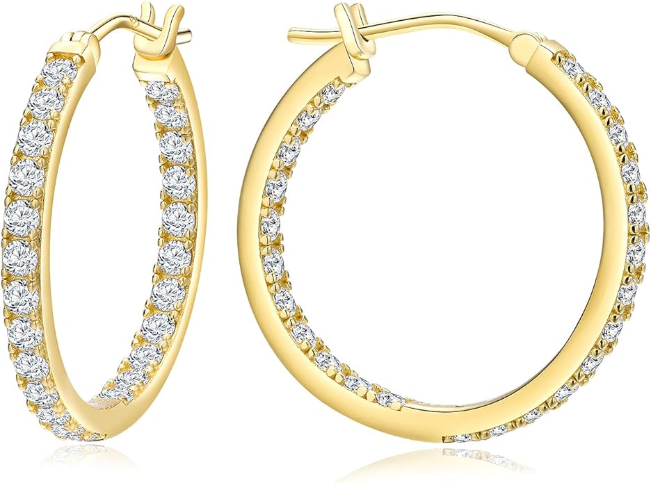 Yellow Gold Plated/925 Sterling Silver Sparkle Cubic Zirconia Hoop Earrings for Women fit Sensitive Ears 14mm/20mm/26mm Huggie/Medium/Large Hoops(with Gift Box)