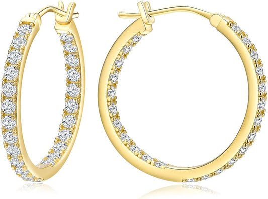 Yellow Gold Plated/925 Sterling Silver Sparkle Cubic Zirconia Hoop Earrings for Women fit Sensitive Ears 14mm/20mm/26mm Huggie/Medium/Large Hoops(with Gift Box)
