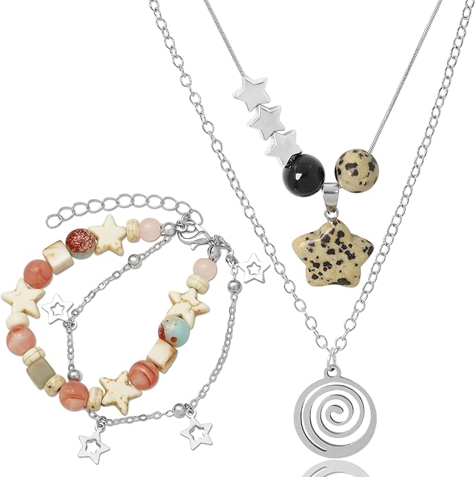 Multilayer Y2k Star Necklace Fairy Grunge Bracelets Set Handmade Fairycore Grunge Jewelry Gothic Swirl Star Necklace Punk Rock Roll Music Guitar Grunge Accessories for Women Men