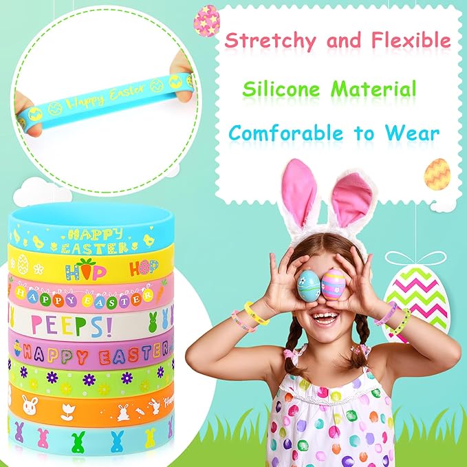 JUNEBRUSHS 64pcs Easter Party Favors Silicone Bracelets Bunny Egg Carrot Flowers Cross Rubber Wristbands for Easter Egg Fillers Gifts Basket Stuffers Accessories Party Decorations(8 Designs)