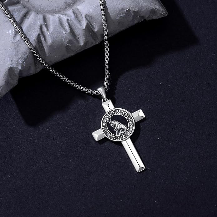 MEIDERBO Cross Zodiac Necklace 925 Sterling Silver 12 Constellation Horoscope Astrology Pendant Necklace Zodiac Sign Jewelry Gifts for Men Women