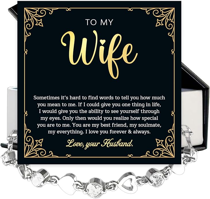 To My Wife Crystal Heart Bracelet Gift From Husband, Beautiful Wife Jewelry For Anniversary, Birthday, Christmas, Valentine’s Day, Bracelet For Her With Heartfelt Message & Elegant Box