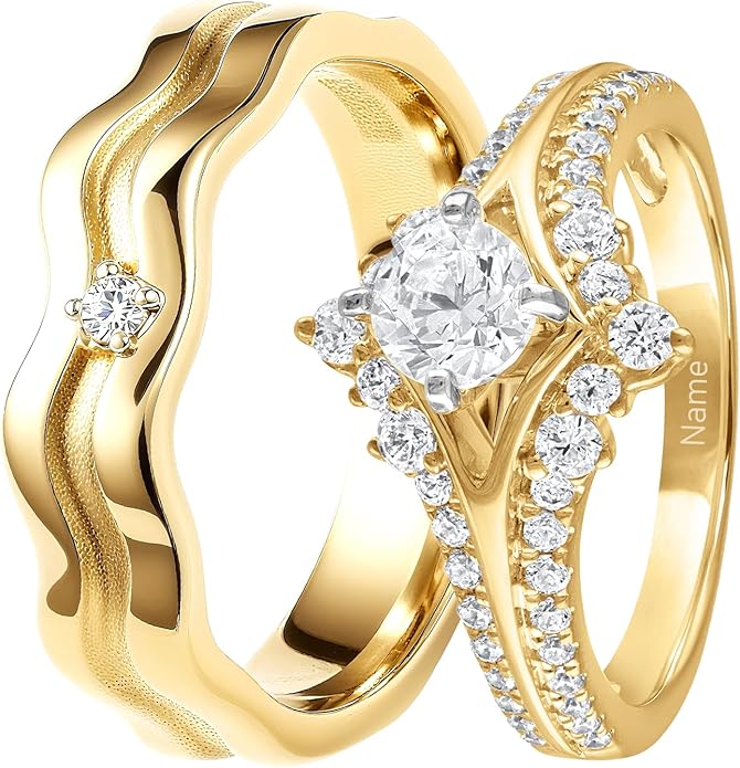 Rikelus Moissanite Engagement Ring Sets for Couples,10K 14K 18K Solid Gold Heart/Princess/Round Cut Bridal Ring Sets,Customized Matching Wedding Bands Set for Men and Women Free Engraving