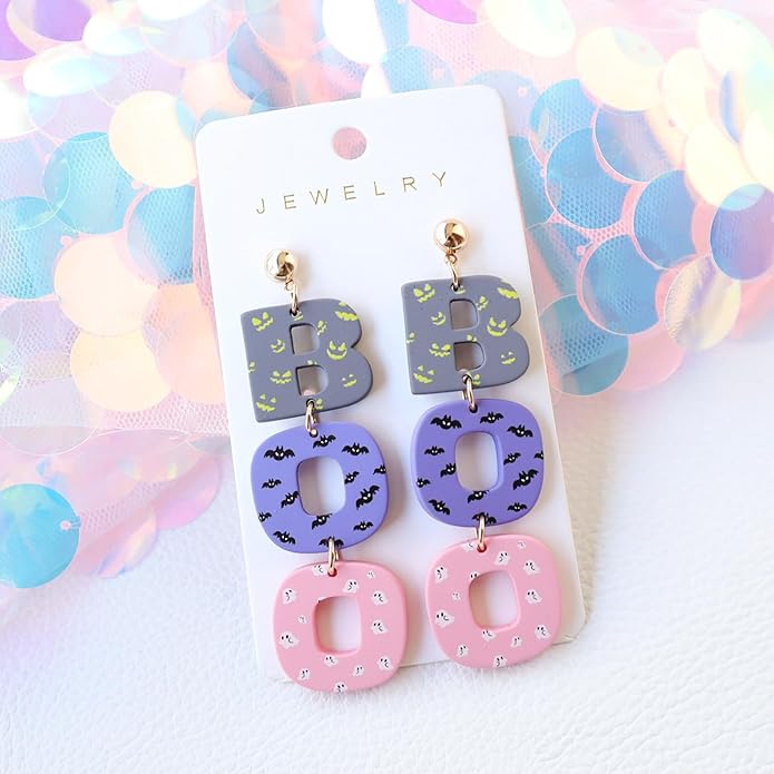 Halloween BOO Ghost Skull Earrings for Women, Gothic Dark Bat Dangle Earrings,Retro Acrylic Cute Lightweight Drop Dangle Earring Jewelry Gifts, Holiday Festive Cosplay Party Decorations Accessories