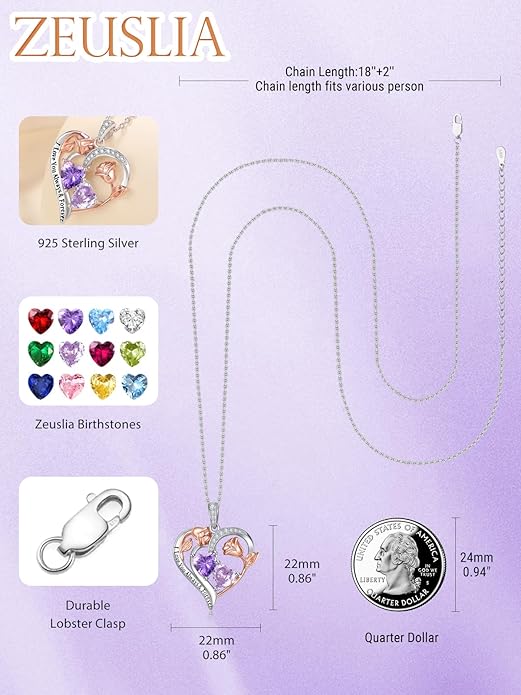 Zeuslia Double Birthstone Necklace Gifts for Wife - 925 Sterling Silver Sunflower/Rose/Crown Cross/Compass/Heart Pendant I Love You Necklace, Anniversary Birthday Gifts for Wife Girlfriend Mom Her