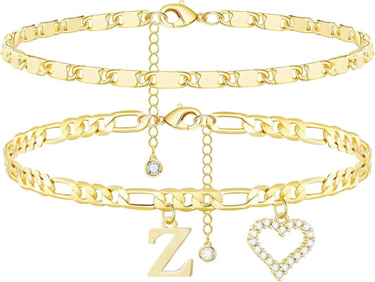 Initial Ankle Bracelets for Women Waterproof 14K Gold Plated Dainty Layered Figaro Chain Letter Initial CZ Heart Ankle Bracelets Set Summer Beach Jewelry for Women