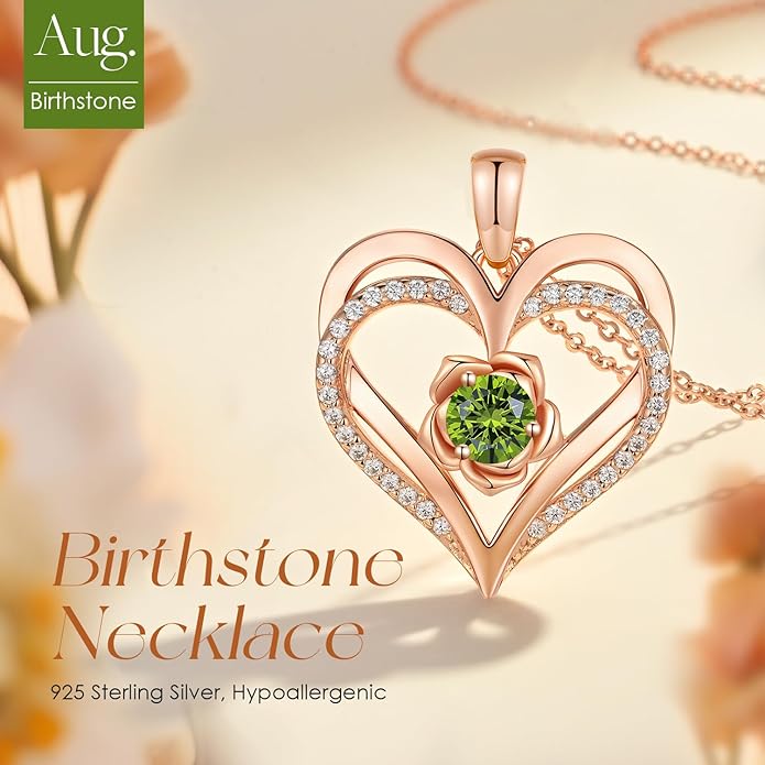 CDE Christmas Gifts for Women S925 Silver Rose Gold Heart Birthstone Necklaces for Women，Ideal Anniversary or Birthday Jewelry Gifts for Wife Girlfriend Her