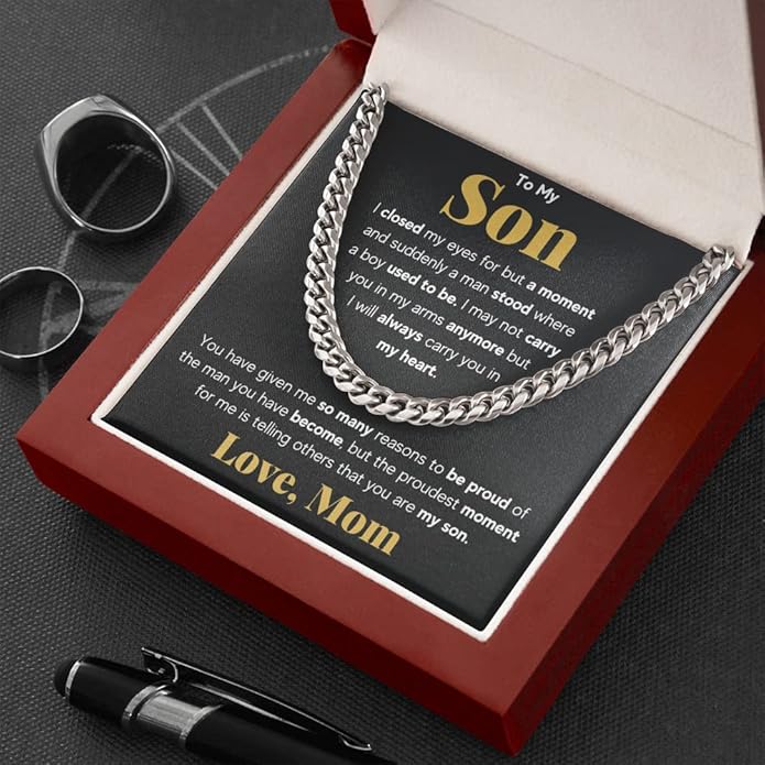 FG Family Gift Mall To My Son From Mom, Son Gifts From Mom and Dad, Mother and Son Necklace, Birthday Gift For My Son Graduation Christmas Cuban Link Chain Necklace Present