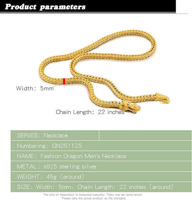 Dankadi Men 925 Sterling Silver Dragon Necklace Vintage 5MM 20 "22" 24 "26" Franco Link Curb Chain Choker Fashion Punk Gold Fine Jewelry Gift