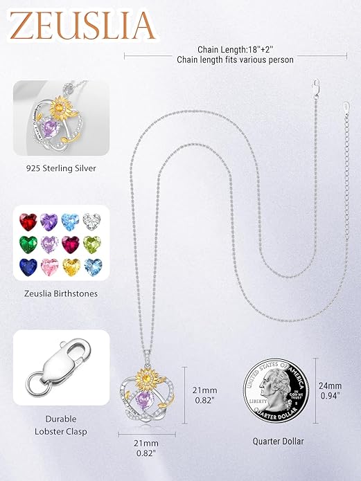 Zeuslia Double Birthstone Necklace Gifts for Wife - 925 Sterling Silver Sunflower/Rose/Crown Cross/Compass/Heart Pendant I Love You Necklace, Anniversary Birthday Gifts for Wife Girlfriend Mom Her