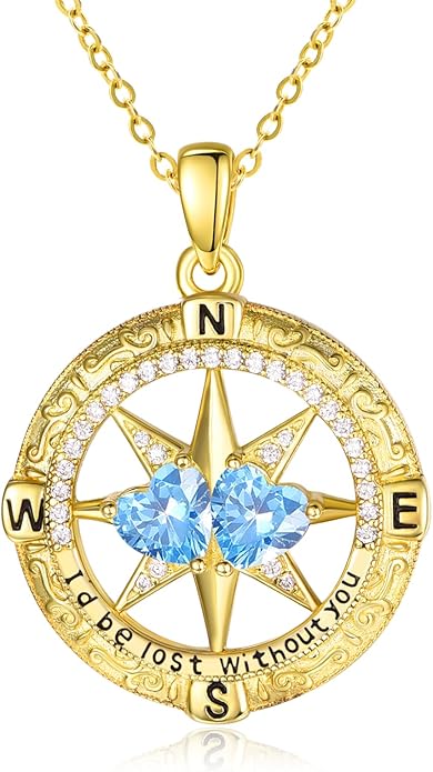 Zeuslia Double Birthstone Necklace Gifts for Wife - 925 Sterling Silver Sunflower/Rose/Crown Cross/Compass/Heart Pendant I Love You Necklace, Anniversary Birthday Gifts for Wife Girlfriend Mom Her