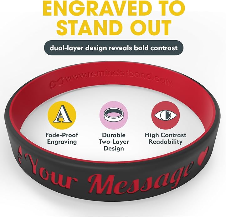 Reminderband Custom 100% Silicone Luxe Wristbands – Personalized Motivational Bracelets, Bulk Rubber Bands for Events, Fundraisers, Awareness, Gifts - Hypoallergenic Bands
