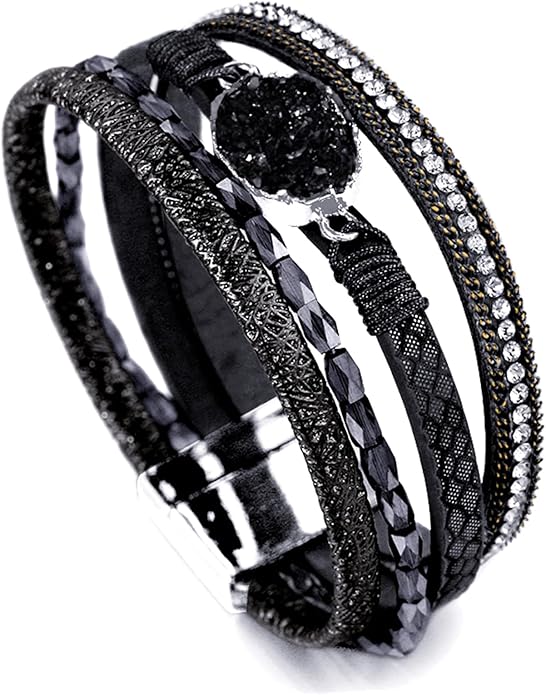 Fesciory Leopard Bracelet for Women, Boho Leather Wrap Multi-Layer Pearl Crystal Bracelet Bangle Jewelry