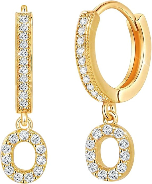 18K Gold Filled Initial Dangle Hoop Earrings for Women, 1 Pair CZ Hypoallergenic Alphabet Letter A-Z Drop Dangle Dainty Gold Earrings, Small Huggie Hoop Earrings with Cubic Zirconia Gifts Jewelry