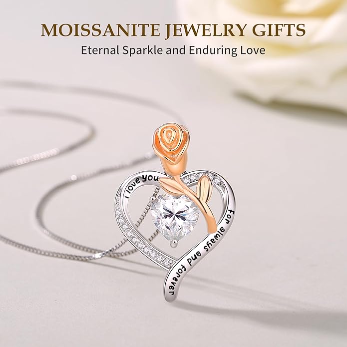 Moissanite Heart Necklaces for Women, 18K White Gold Plated 925 Sterling Silver 1-3CT Moissanite Pendant Jewelry Wedding Anniversary Birthday Christmas Gifts for Wife Mom Girlfriend Sister Grandma