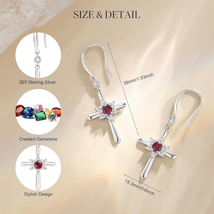 FANCIME Cross Dangle Drop Earrings 925 Sterling Silver Dainty Round Birthstone Earring Fine Jewelry Birthday Gifts for Her Women