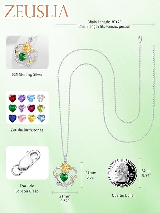 Zeuslia Double Birthstone Necklace Gifts for Wife - 925 Sterling Silver Sunflower/Rose/Crown Cross/Compass/Heart Pendant I Love You Necklace, Anniversary Birthday Gifts for Wife Girlfriend Mom Her