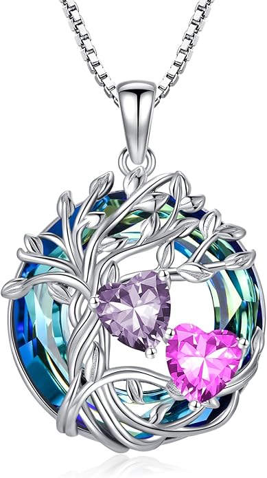 TOUPOP s925 Sterling Silver Family Celtic Tree of Life Pendant Necklaces with 2 Heart Birthstone with Blue Austrian Crystal Jewelry Birthday Anniversary Christmas Gifts for Her Wife Girlfriend Mom (18K Real White Gold Filled)