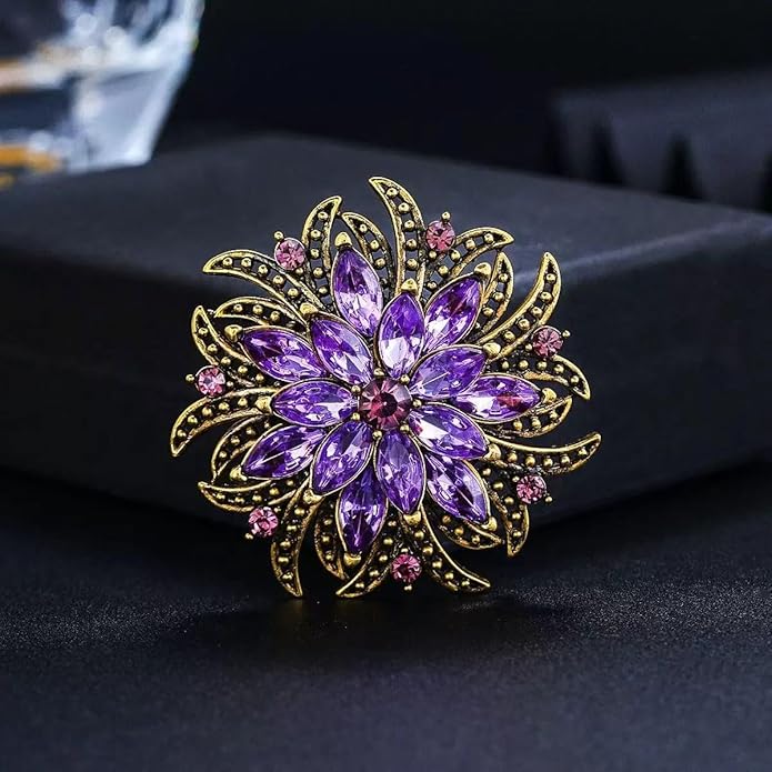 Nyx&lvy Vintage Crystal Flower Brooch Set, 3 Pieces, Purple Pink Green Rhinestones, Gold Tone Floral Pins for Wedding and Evening Wear Christmas gift