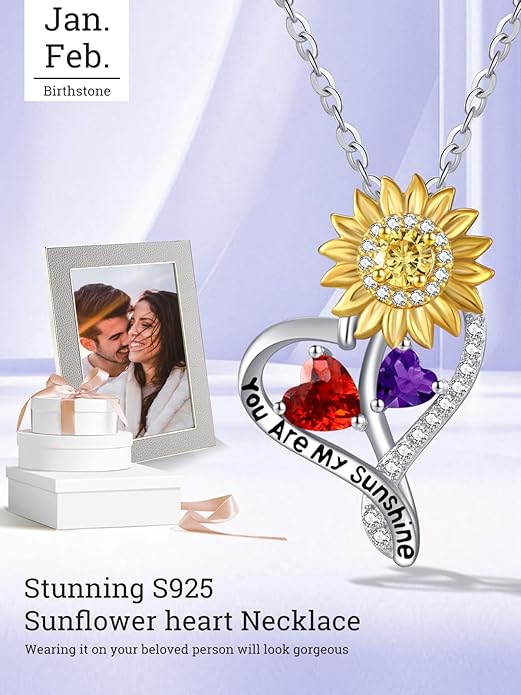 Zeuslia Double Birthstone Necklace Gifts for Wife - 925 Sterling Silver Sunflower/Rose/Crown Cross/Compass/Heart Pendant I Love You Necklace, Anniversary Birthday Gifts for Wife Girlfriend Mom Her