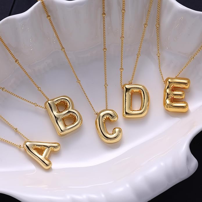 Initial Necklaces for Women, 14k Gold Plated Bubble Letter Necklace Chunky Gold Necklace Dainty Charm Initial Necklaces for Women Trendy Custom Preppy Stocking Stuff Necklace Christmas Gifts
