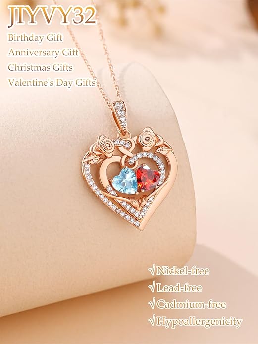 JIYVY32 Rose Heart Necklace for Women Exquisite 925 Sterling Silver Anniversary Birthday Gifts for Wife Mom Her Double Birthstone Pendant Jewelry