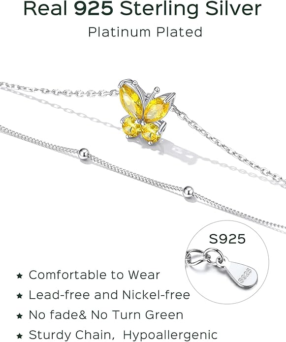 ChicSilver 925 Sterling Silver Anklets for Women Waterproof, Sparkling Birthstone Ankle Bracelets for Women, Adjustable Layered Butterfly Anklet Summer Beach Jewelry