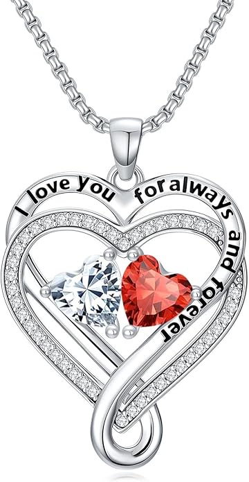 I Love You for Awlays and Forever Double Heart Necklace with Birthstone, 2 Birth Stone Jewelry Anniversary Valentines Mothers Day Christmas Birthday Gifts for Women Her Wife Girlfriend Mom Mother