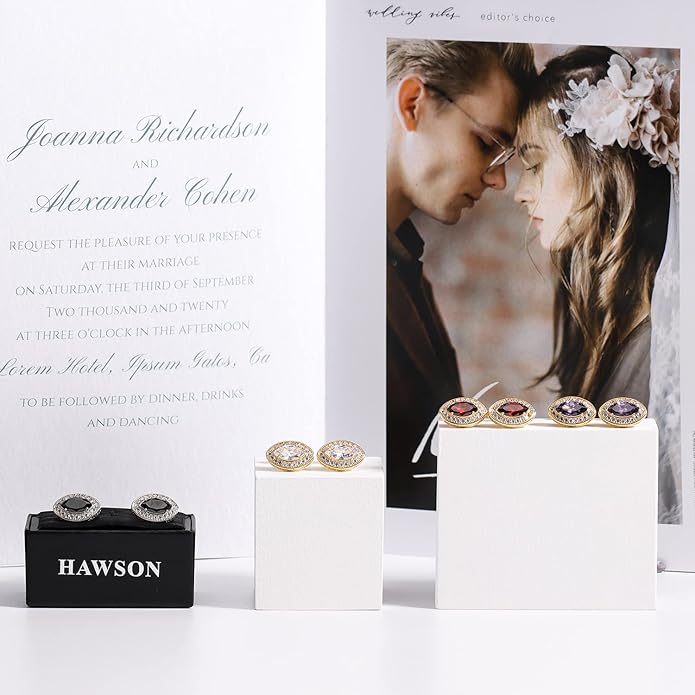 HAWSON Cufflinks for Men, Gold Diamond Crystal Cufflinks for Groom Husband Personalized Gifts, Mens Formal Wedding Business Cufflinks, Luxurious Gorgeous Cuff Links French Shirt Accessories