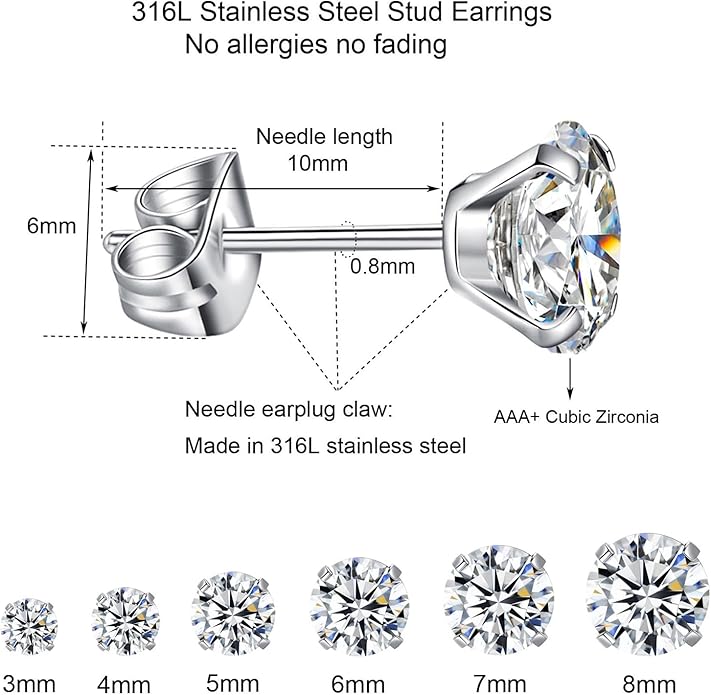 6 Pairs Stud Earrings Set, Hypoallergenic Cubic Zirconia Earrings 316L Stainless Steel CZ Earrings 3-8mm