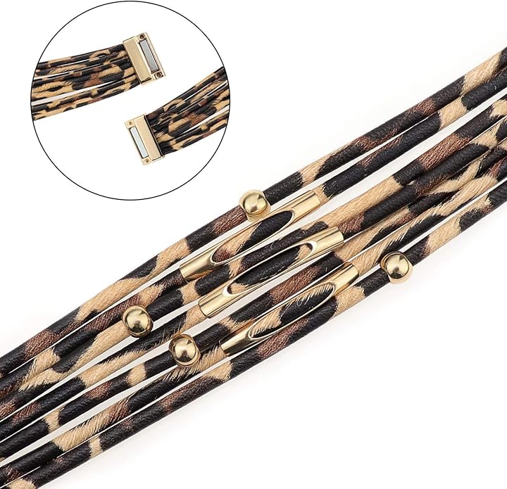 Fesciory Leather Wrap Bracelets for Women, Boho Leopard Multi-Layer Crystal Beads Cuff Bracelet Jewelry