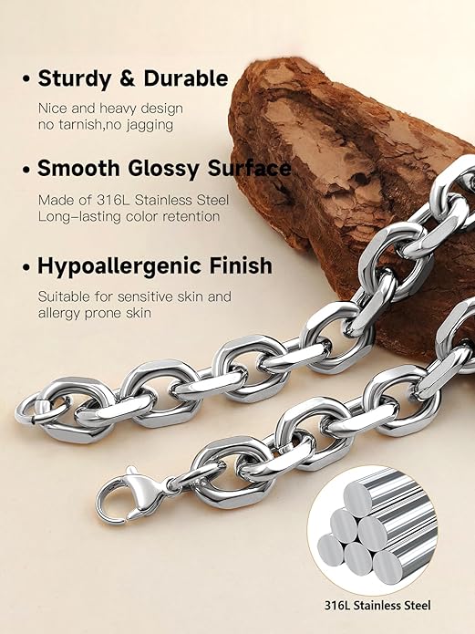 Hoyazvet Cable Chain Stainless Steel Necklace for Men Women, 3/5/8/10/13MM Width, 18K Gold Plated/Black Metal/316L Stainless Steel Sturdy Rolo Link Chain Necklace, 18-30inch Length