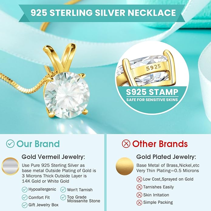 Moissanite Solitaire Necklace for Women, 1-3 Carat Lab Grown Diamond Pendant Jewelry D Color VVS1, S925 Sterling Silver with Gold Plating, 18+2” Silver Chain, Heart Engraving Gift for Wife Girlfriend Mom Yourself on Anniversary Birthday Wedding