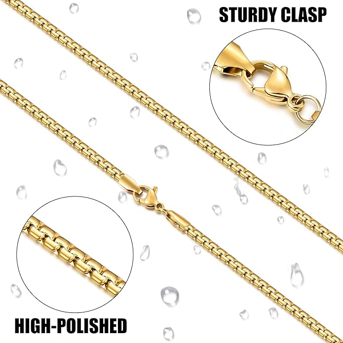 Fiusem Flat Box Chains for Men, 14k Gold Plated Stainless Steel Chain Necklace, 2.5/3/4/4.5/5mm Necklaces for Men and Women 16-28 Inch