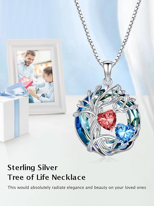 TOUPOP s925 Sterling Silver Family Celtic Tree of Life Pendant Necklaces with 2 Heart Birthstone with Blue Austrian Crystal Jewelry Birthday Anniversary Christmas Gifts for Her Wife Girlfriend Mom (18K Real White Gold Filled)