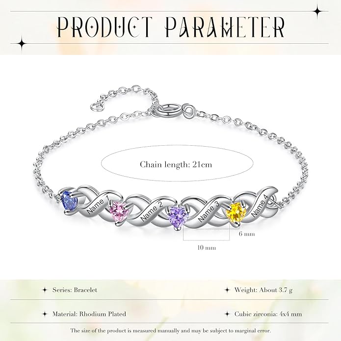 Personalized Custom Name Heart Bracelet with 1-6 Birthstone Bracelets for Women Engraved Family Names Link Bracelets for Mother's Day Mom Daughter
