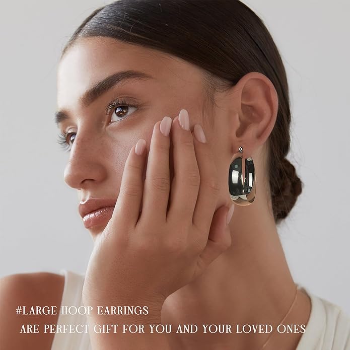 EXGOX Gold Hoop Earrings for Women Sterling Silver Post Hoops Earrings for Women Wide Thick Silver Hoop Earrings Hypoallergenic Lightweight 14k Real Gold Plated Hoop Large Earrings (25/30/40/50MM)