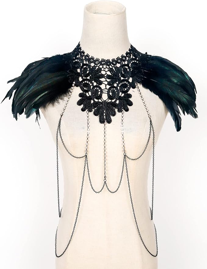 L'VOW Real Black Feather Harness Lace Collar Necklace Bib Halloween