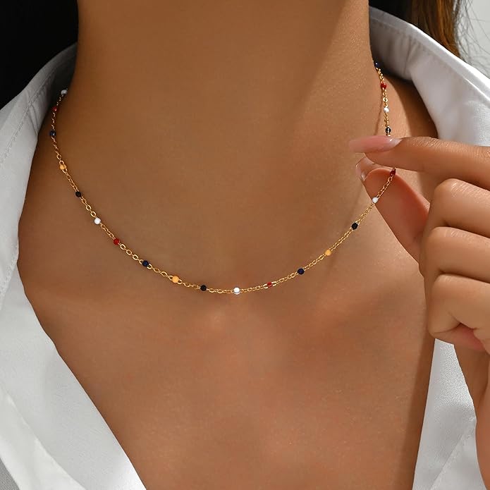 Gold Chain Necklace for Women Dainty 18K Gold Plated Thin Satellite Beaded Turquoise Necklace Simple Gold Boho Jewelry