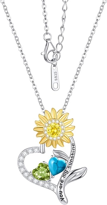 PERJI Valentine's Day Gifts for Women - 925 Sterling Silver Double Birthstone Sunflower Necklace, Anniversary Birthday Jewelry You are My Sunshine Gifts for Wife Couple Girlfriend 18"+2" Non Tarnish