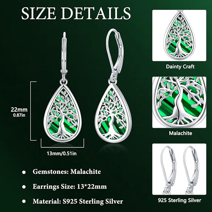 Tree of life Dangle Earrings Sterling Silver Moonstone/Turquoise/Malachite Earrings for Women Filigree Leverback Earrings Jewelry Gifts