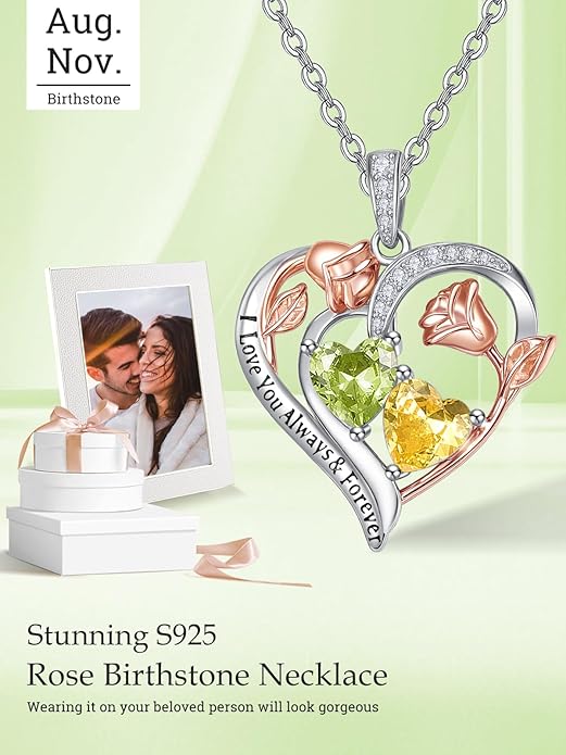 Zeuslia Double Birthstone Necklace Gifts for Wife - 925 Sterling Silver Sunflower/Rose/Crown Cross/Compass/Heart Pendant I Love You Necklace, Anniversary Birthday Gifts for Wife Girlfriend Mom Her