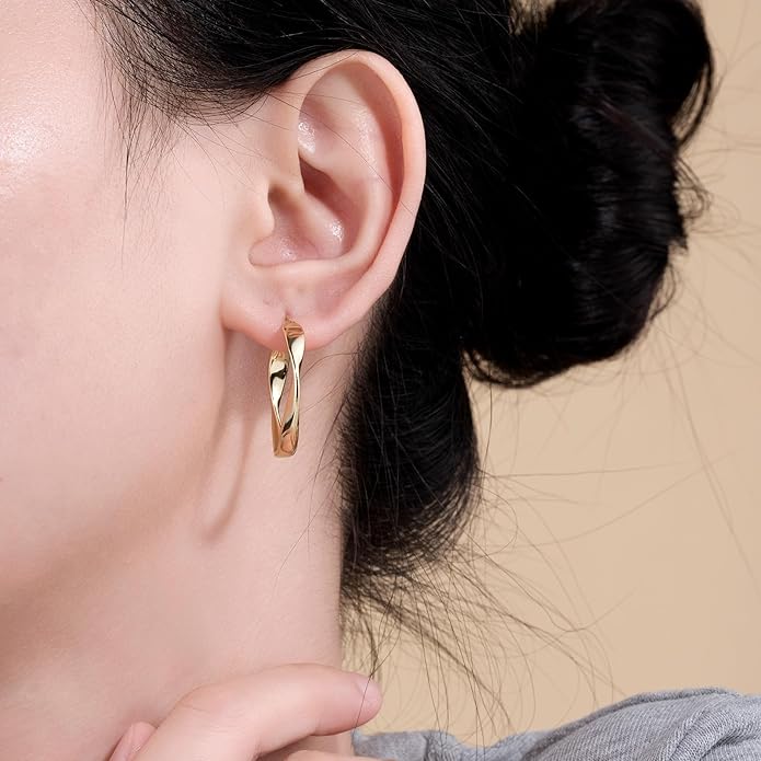 14K Gold Twisted Hoop Earrings for Women Thick Wave Gold Hoops Lightweight Hypoallergenic Elegant Jewelry 25/30MM