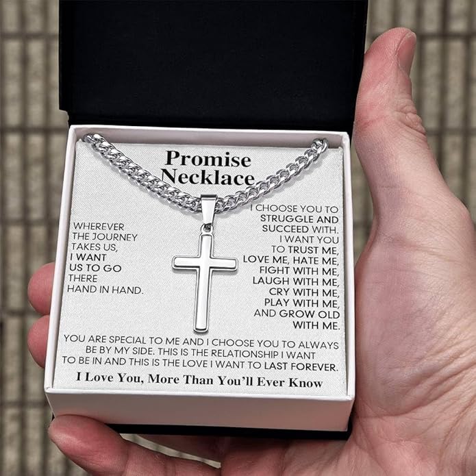 GLAVICY Promise Cross on Cuban Necklace For Him, Sentimental Gift for Husband, Boyfriend, Man with Message Card and Box, Promise Jewelry on Birthday, Valentine Day