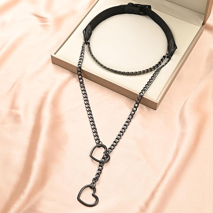 Leather Choker Slip Chain Necklace Stainless Steel Cuban Link Long Necklaces Gothic Punk Heart Chain Necklace Handmade Collars for Women