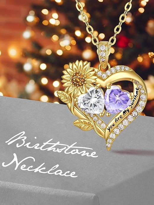 Sunflower Heart Necklace for Women 14K Gold Exquisite Anniversary Birthday Gifts for Wife Mother Her Double Birthstone Pendant jewelry‘You Are My Sunshine’